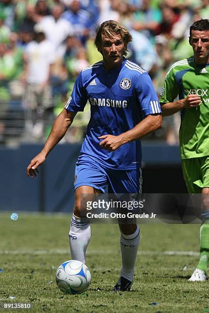 Andriy Shevchenko of Chelsea FC dribbles the ball against Seattle Sounders FC on July 18, 2009 at Qwest Field in Seattle, Washington.