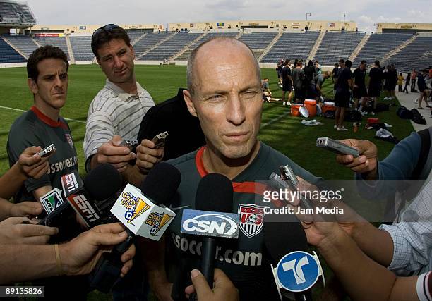 Head coach Bob Bradley talks with the press during a training session at The Toyota Park, on July 21, 2009 in Chicago, Illinois.