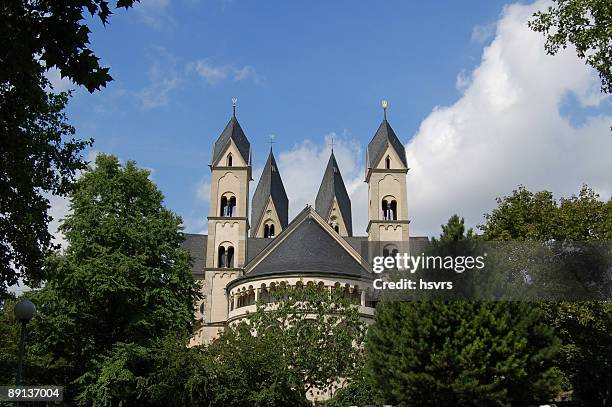 st. kastor basilica in koblenz (germany) - deutsches eck stock pictures, royalty-free photos & images