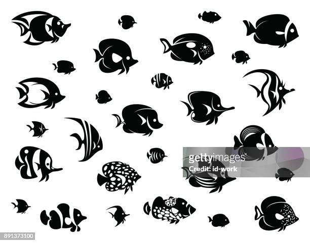 ilustraciones, imágenes clip art, dibujos animados e iconos de stock de grupo de silueta de peces tropicales - butterflyfish