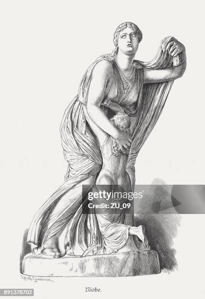 niobe mother with youngest daughter, greek mythology, published 1879 - uffizi museum stock illustrations