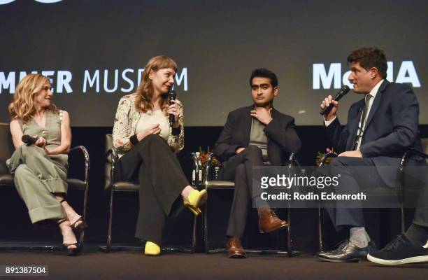 Actress Holly Hunter, writer Emily V. Gordon, and writer/comedian Kumail Nanjiani, and director Michael Showalter speak onstage at the Hammer Museum...