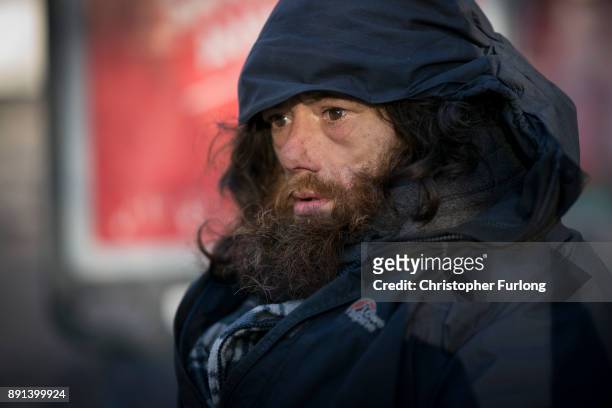 Homeless man begs for small change on the streets of Manchester on December 11, 2017 in Manchester, England. Many homeless people are spending the...