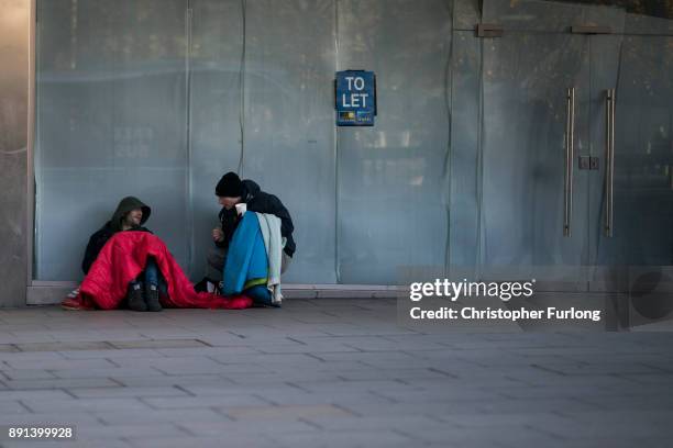 Homeless man begs for small change on the streets of Manchester on December 11, 2017 in Manchester, England. Many homeless people are spending the...