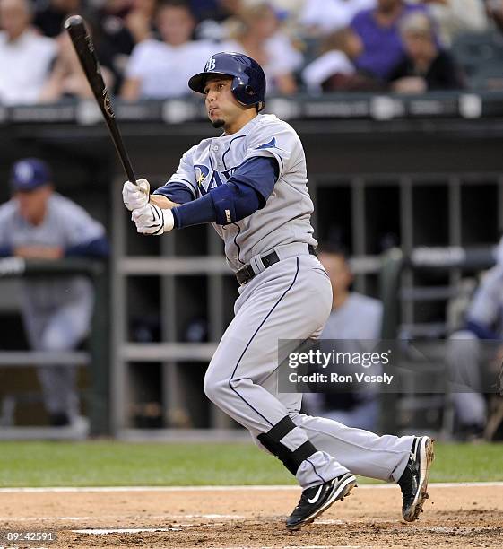 Jason Bartlett of the Tampa Bay Rays hits a double in the third inning against the Chicago White Sox on July 21, 2009 at U.S. Cellular Field in...