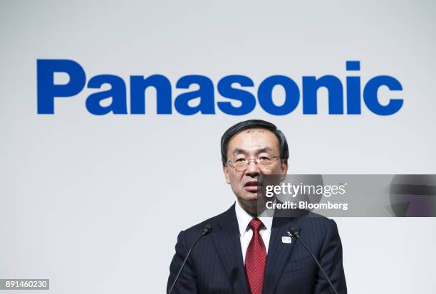 Kazuhiro Tsuga, president of Panasonic Corp., speaks during a joint news conference with Akio Toyoda, president of Toyota Motor Corp., not pictured,...