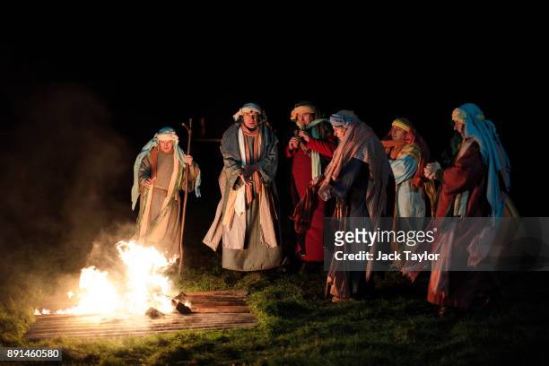 Actors take part in a dress rehearsal of the Wintershall Nativity play at the Wintershall Estate on December 12, 2017 in Guildford, England. The...