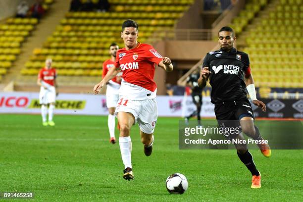 Guido Carrillo of Monaco and Alexander Djiku of Caen during the french League Cup match, Round of 16, between Monaco and Caen on December 12, 2017 in...