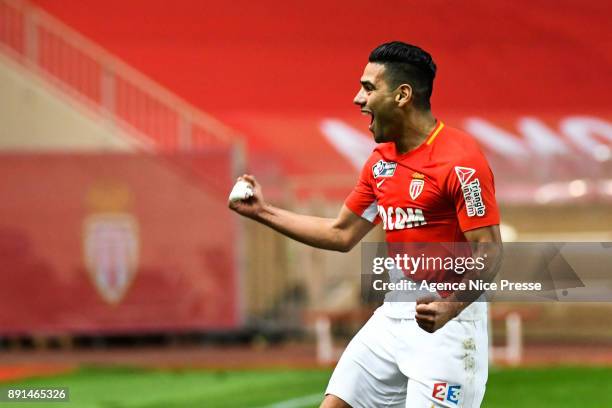 Radamel Falcao of Monaco celebrates his goal during the french League Cup match, Round of 16, between Monaco and Caen on December 12, 2017 in Monaco,...