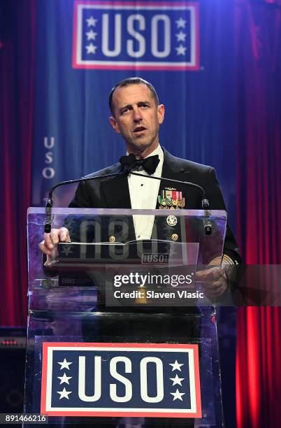 Admiral John Richardson, Chief of Naval Operations attend USO 56th Armed Forces Gala + Gold Medal Dinner at Marriot Marquis on December 12, 2017 in...