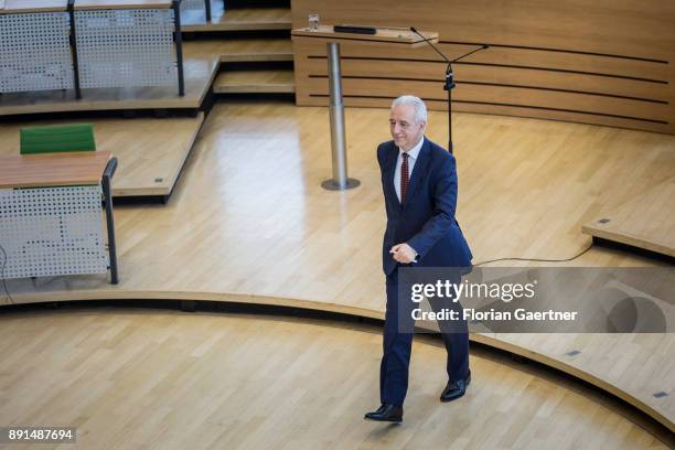 Stanislaw Tillich, CDU, former prime minister of the German state of Saxony, goes through the plenay hall of the Landtag of Saxony on December 13,...