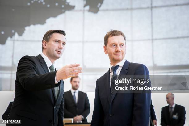 Michael Kretschmer , prime minister of the German State of Saxony, and Martin Dulig , deputy prime minister of Saxony, are pictured after Kretschmers...