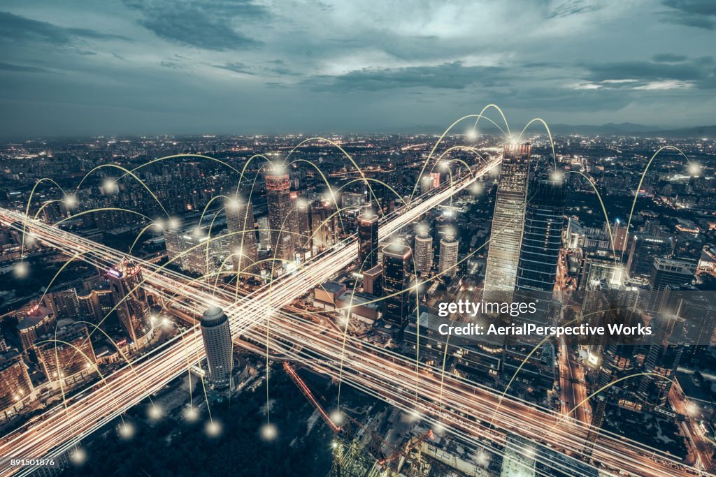 Veduta aerea della rete della città dello skyline di Pechino
