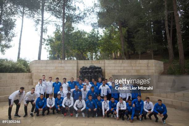 Group photo of members of the U18 Germany and Israel football team after a visit to Yad Vashem Holocaust Memorial museum on December 13, 2017 in...