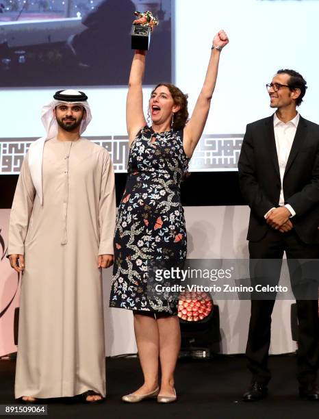 Director Annemarie Jacir celebrates with the Muhr Best Fiction Feature award for "Wajib" with HH Sheikh Mansoor bin Mohammed bin Rashid Al Maktoum at...