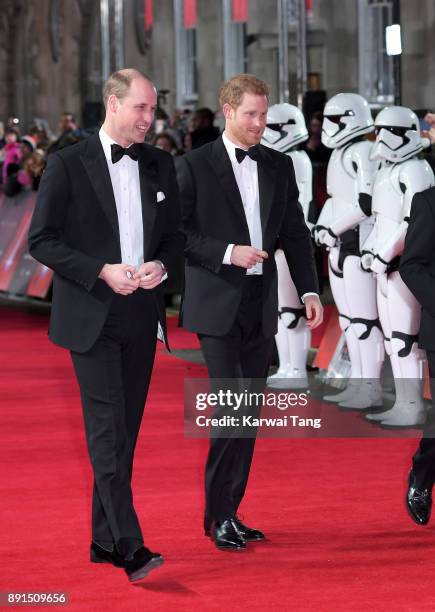 Prince William, Duke of Cambridge and Prince Harry attend the European Premiere of 'Star Wars: The Last Jedi' at Royal Albert Hall on December 12,...