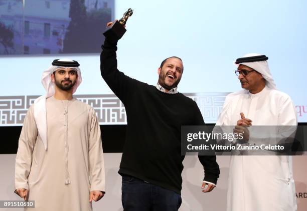 Director Mahdi Fleifel with the Muhr Short Best Film award for "A Drowning Man" with HH Sheikh Mansoor bin Mohammed bin Rashid Al Maktoum and DIFF...