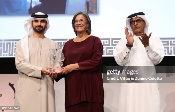 Actress Menha El Batroui with the Muhr Feature Best Actress award for "Cactus Flower" with HH Sheikh Mansoor bin Mohammed bin Rashid Al Maktoum and...