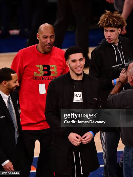 LaVar Ball, LiAngelo Ball and LaMelo Ball attend the Los Angeles Lakers Vs New York Knicks game at Madison Square Garden on December 12, 2017 in New...