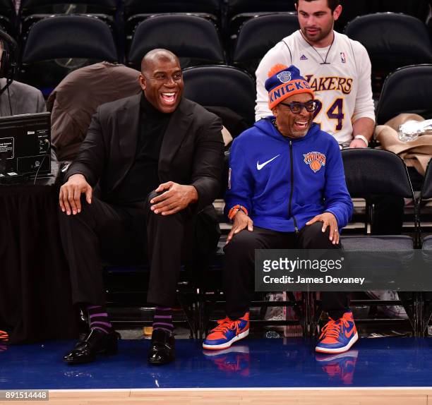 Magic Johnson and Spike Lee attend the Los Angeles Lakers Vs New York Knicks game at Madison Square Garden on December 12, 2017 in New York City.
