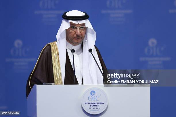 Secretary General of Organisation of Islamic Cooperation , Yousef bin Ahmad Al-Othaimeen delivers a speech on December 13, 2017 during the...
