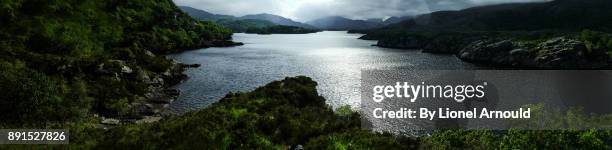 black lake - dunloe gap - panoramic view - killarney lake stock pictures, royalty-free photos & images