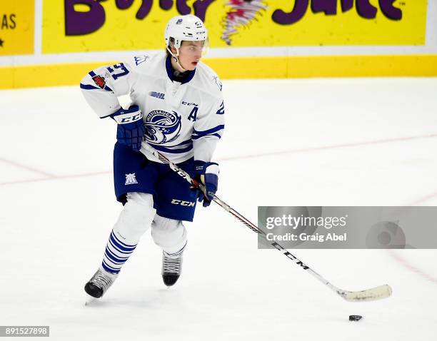 Jacob Moverare of the Mississauga Steelheads controls the puck against the Hamilton Bulldogs during game action on December 10, 2017 at Hershey...