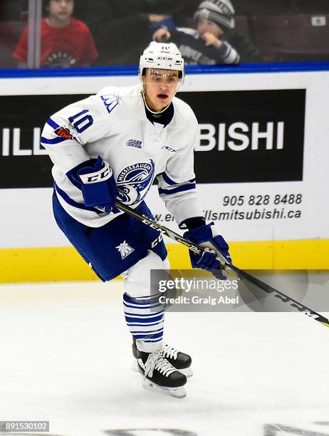 Merrick Rippon of the Mississauga Steelheads watches the play develop against the Hamilton Bulldogs during game action on December 10, 2017 at...