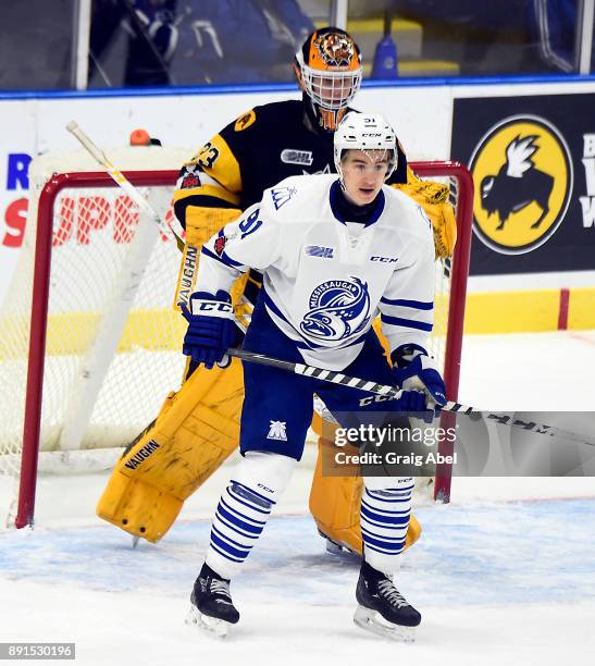 Ryan McLeod of the Mississauga Steelheads gets in front of goalie Kaden Fulcher of the Hamilton Bulldogs during game action on December 10, 2017 at...