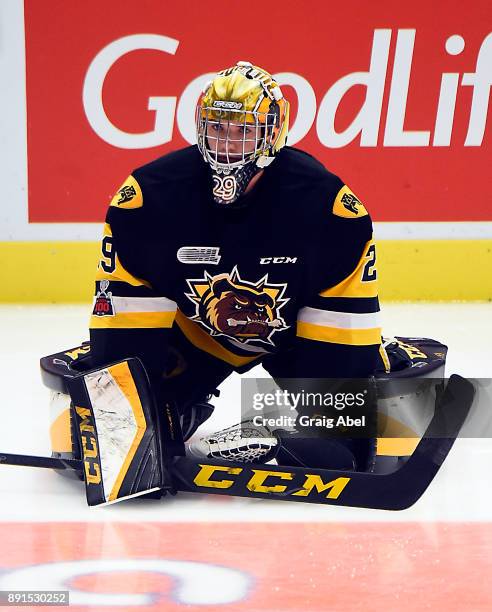 Nick Donofrio of the Hamilton Bulldogs skates in warmup prior to a game against the Mississauga Steelheads on December 10, 2017 at Hershey Centre in...