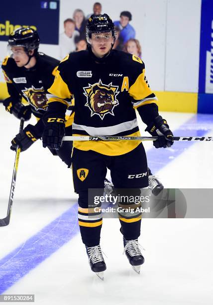 Jack Hanley of the Hamilton Bulldogs skates in warmup prior to a game against the Mississauga Steelheads on December 10, 2017 at Hershey Centre in...