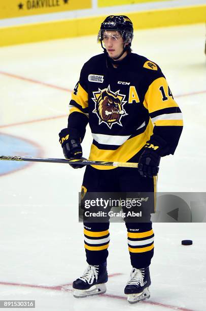 William Bitten of the Hamilton Bulldogs skates in warmup prior to a game against the Mississauga Steelheads on December 10, 2017 at Hershey Centre in...