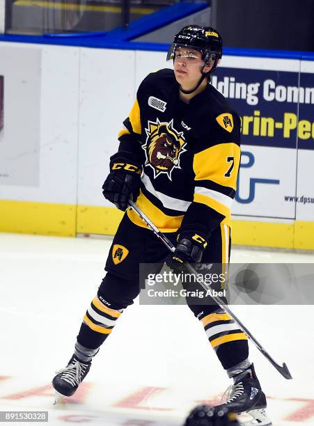 Kade Landry of the Hamilton Bulldogs skates in warmup prior to a game against the Mississauga Steelheads on December 10, 2017 at Hershey Centre in...