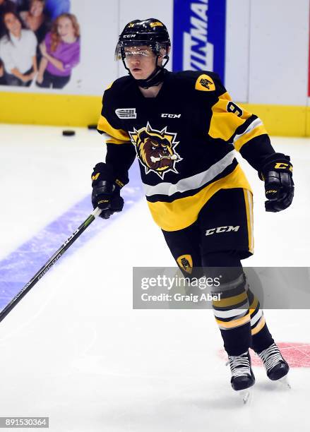 Connor McMichael of the Hamilton Bulldogs skates in warmup prior to a game against the Mississauga Steelheads on December 10, 2017 at Hershey Centre...