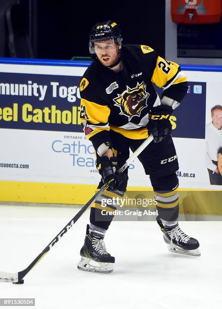 Connor Walters of the Hamilton Bulldogs skates in warmup prior to a game against the Mississauga Steelheads on December 10, 2017 at Hershey Centre in...