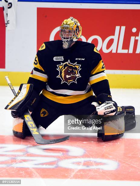 Nick Donofrio of the Hamilton Bulldogs skates in warmup prior to a game against the Mississauga Steelheads on December 10, 2017 at Hershey Centre in...