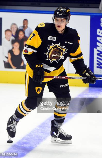 Kade Landry of the Hamilton Bulldogs skates in warmup prior to a game against the Mississauga Steelheads on December 10, 2017 at Hershey Centre in...