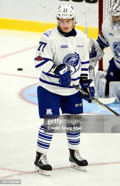 Albert Michnac of the Mississauga Steelheads skates in warmup prior to a game against the Hamilton Bulldogs on December 10, 2017 at Hershey Centre in...
