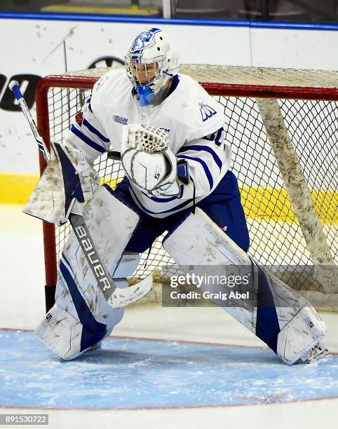 Emanuel Vella of the Mississauga Steelheads skates in warmup prior to a game against the Hamilton Bulldogs on December 10, 2017 at Hershey Centre in...