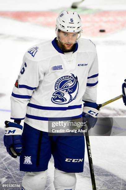 Stephen Gibson of the Mississauga Steelheads skates in warmup prior to a game against the Hamilton Bulldogs on December 10, 2017 at Hershey Centre in...