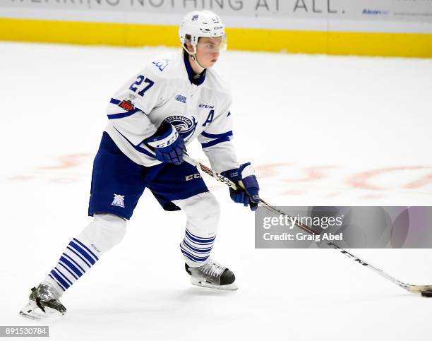 Jacob Moverare of the Mississauga Steelheads controls the puck against the Hamilton Bulldogs during game action on December 10, 2017 at Hershey...