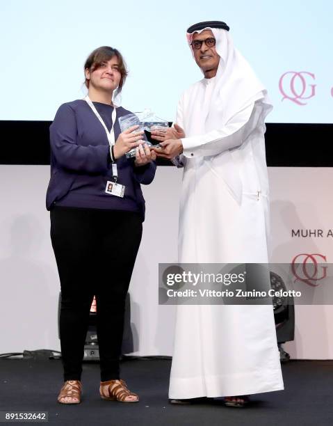 Zeina Sfeir with the "People who make a DIFFerence" award and DIFF Chairman Abdulhamid Juma at the Muhr Awards on day eight of the 14th annual Dubai...