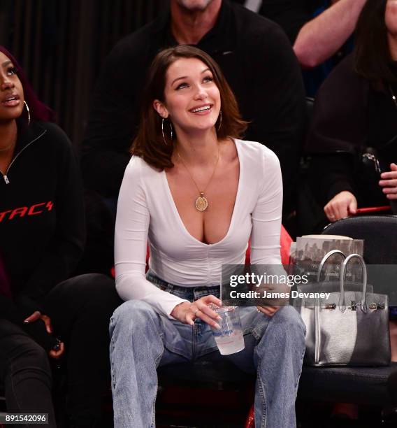 Bella Hadid attends the Los Angeles Lakers Vs New York Knicks game at Madison Square Garden on December 12, 2017 in New York City.