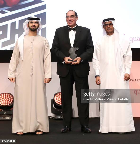 Muhr Emirati Jury President Magdi Ahmed Ali onstage with HH Sheikh Mansoor bin Mohammed bin Rashid Al Maktoum and DIFF Chairman Abdulhamid Juma at...