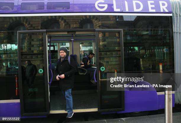 Belfast City's new 'Glider' bus on display to the public at Custom House square, Belfast. Following a &pound;90 million investment by the Department...