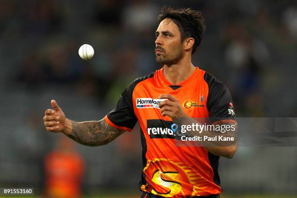 Mitchell Johnson of the Scorchers prepares to bowl during the Twenty20 match between the Perth Scorchers and England Lions at Optus Stadium on...