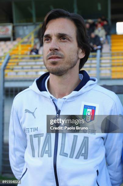 Italy head coach Daniele Franceschini looks on during the international friendly match between Italy U18 and Romania U18 on December 13, 2017 in...