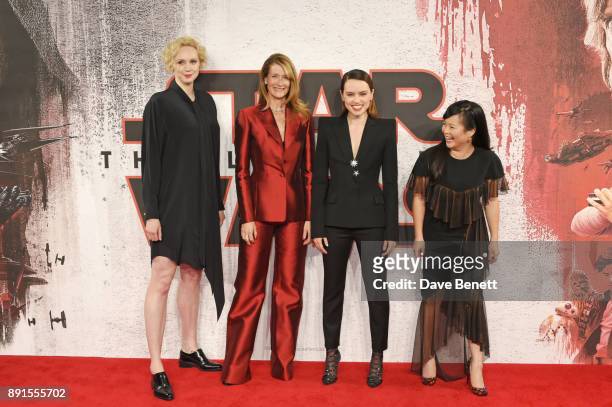Gwendoline Christie, Laura Dern, Daisy Ridley and Kelly Marie Tran pose at the 'Star Wars: The Last Jedi' photocall at Corinthia Hotel London on...