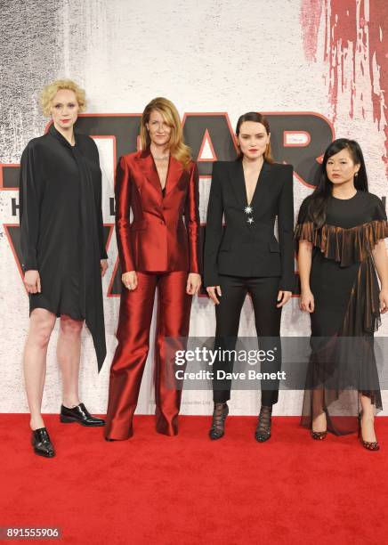 Gwendoline Christie, Laura Dern, Daisy Ridley and Kelly Marie Tran pose at the 'Star Wars: The Last Jedi' photocall at Corinthia Hotel London on...