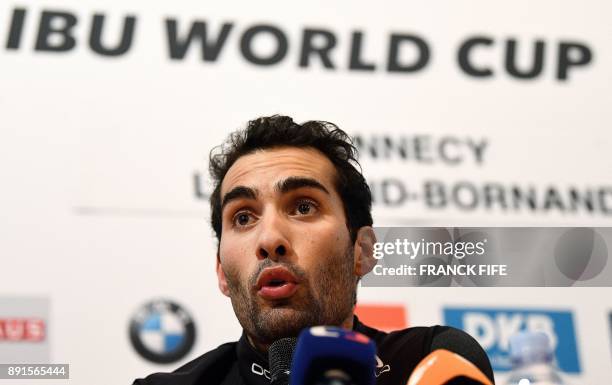 France's Martin Fourcade gives a press conference on December 13 two days before the men's 10 km sprint event at the IBU World Cup Biathlon in Grand...